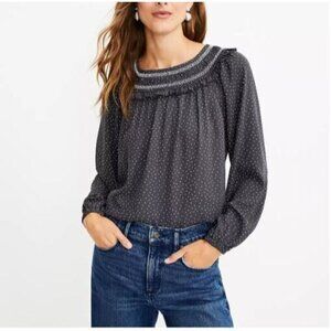 LOFT Top Womens Large Gray Dotted Smocked MIxed Media Cottagecore Romantic Flowy